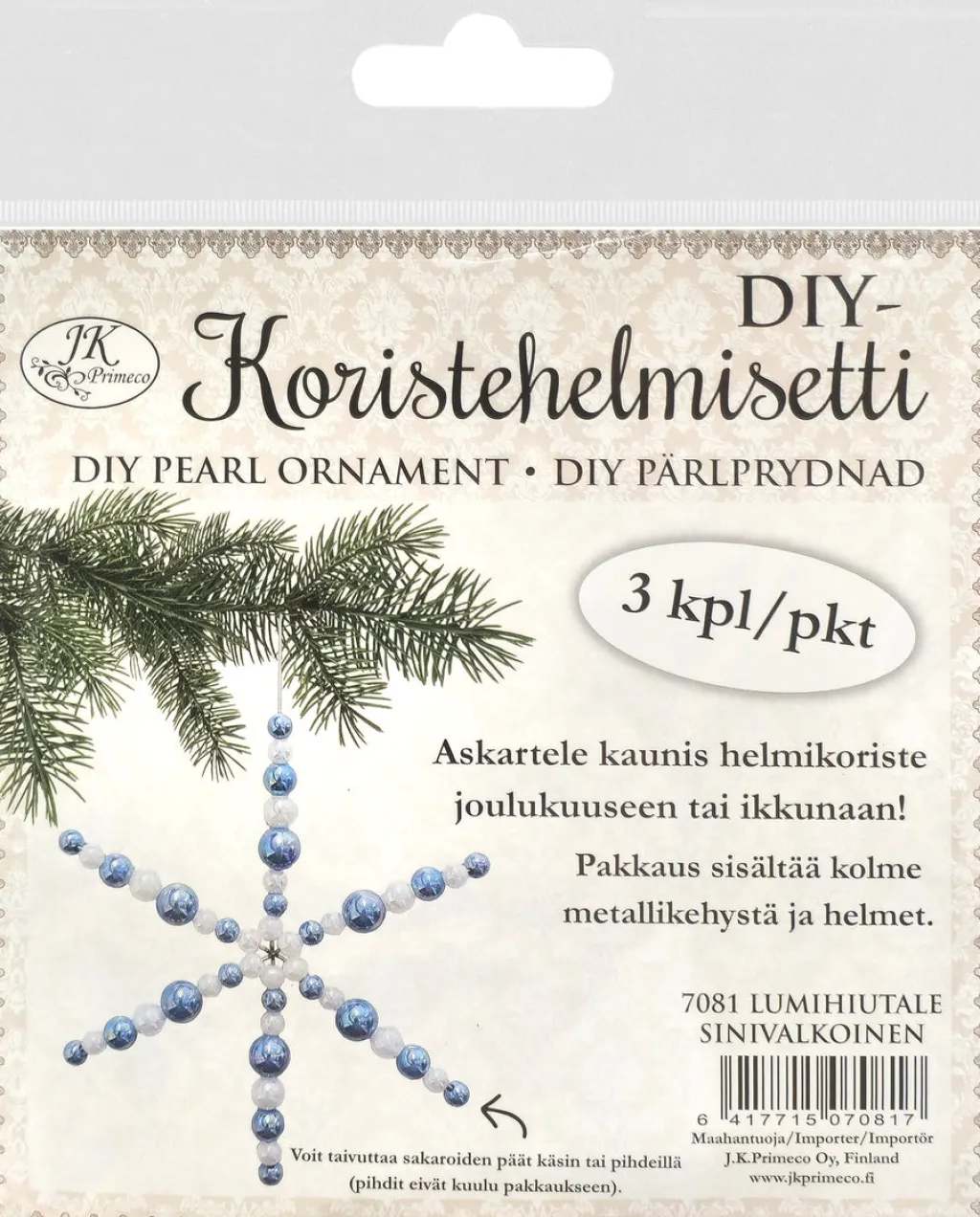 J.K. Primeco Oy Askartelupakkaus Lumihiutale 3 kpl sinivalkoinen* Askartelu|Aloituspakkaukset Askarteluun Ja Käsitöihin