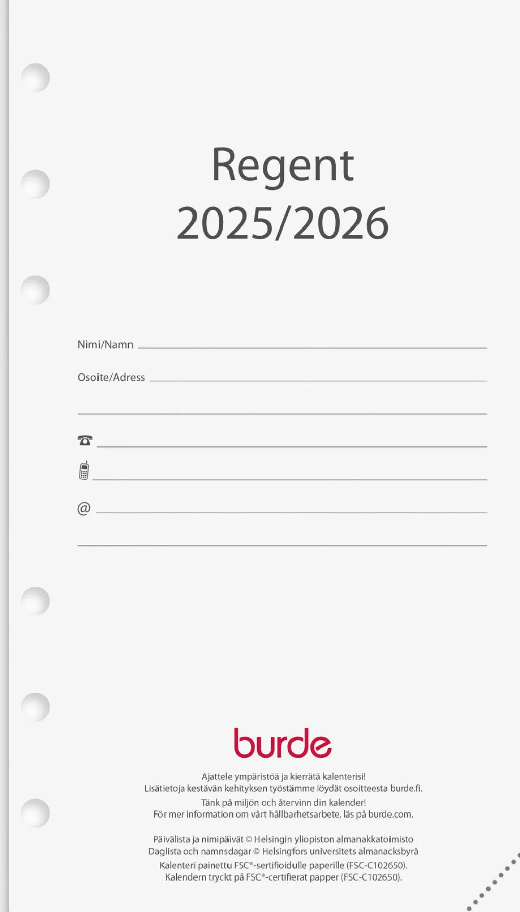 Burde Regent kalenteripaketti 18 kk 2025-2026 (lukuvuosikalenteri)* Kalenterit|Opiskelutarvikkeet